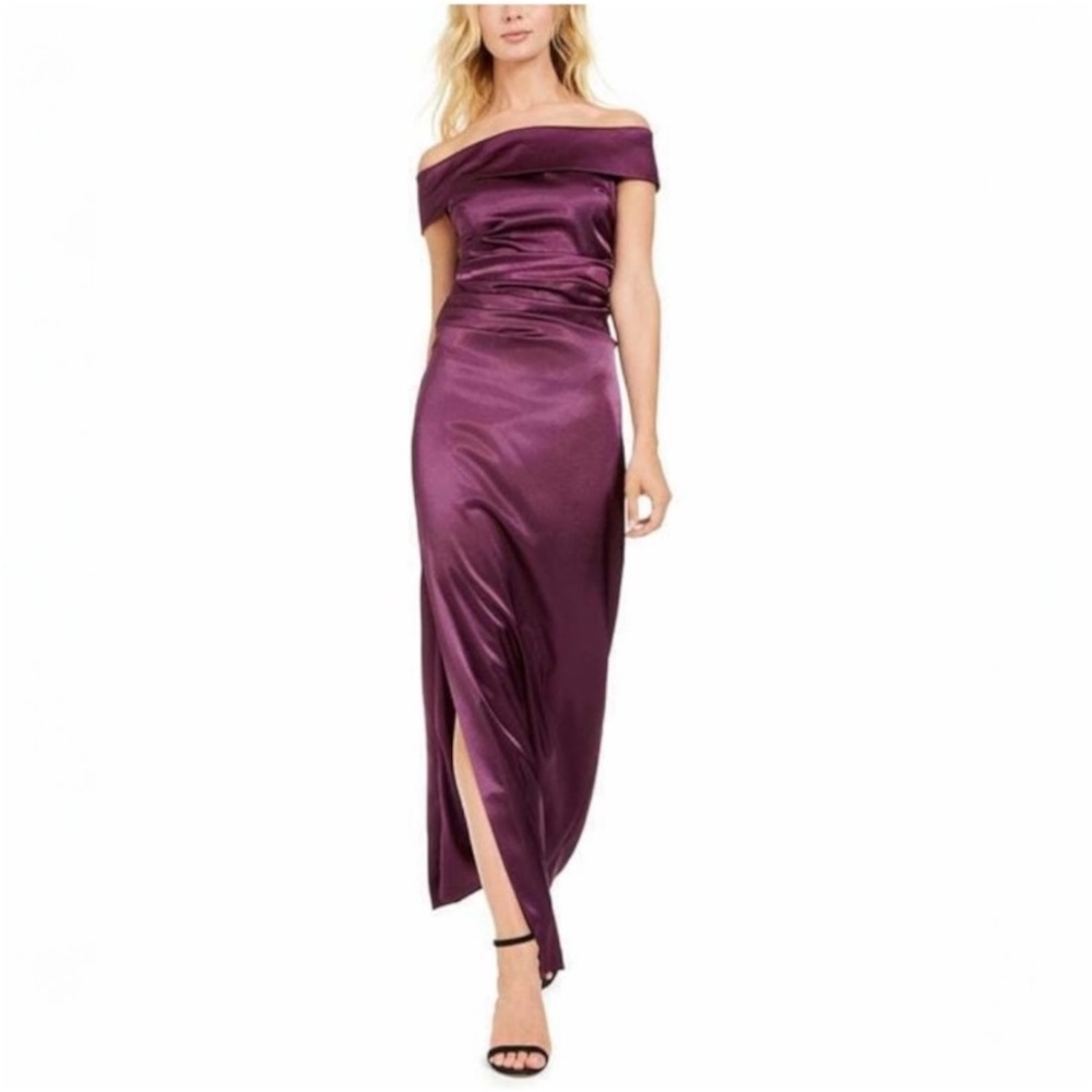 Vince Camuto Purple Satin Evening Gown Off Shoulder Glam Old Hollywood Formal